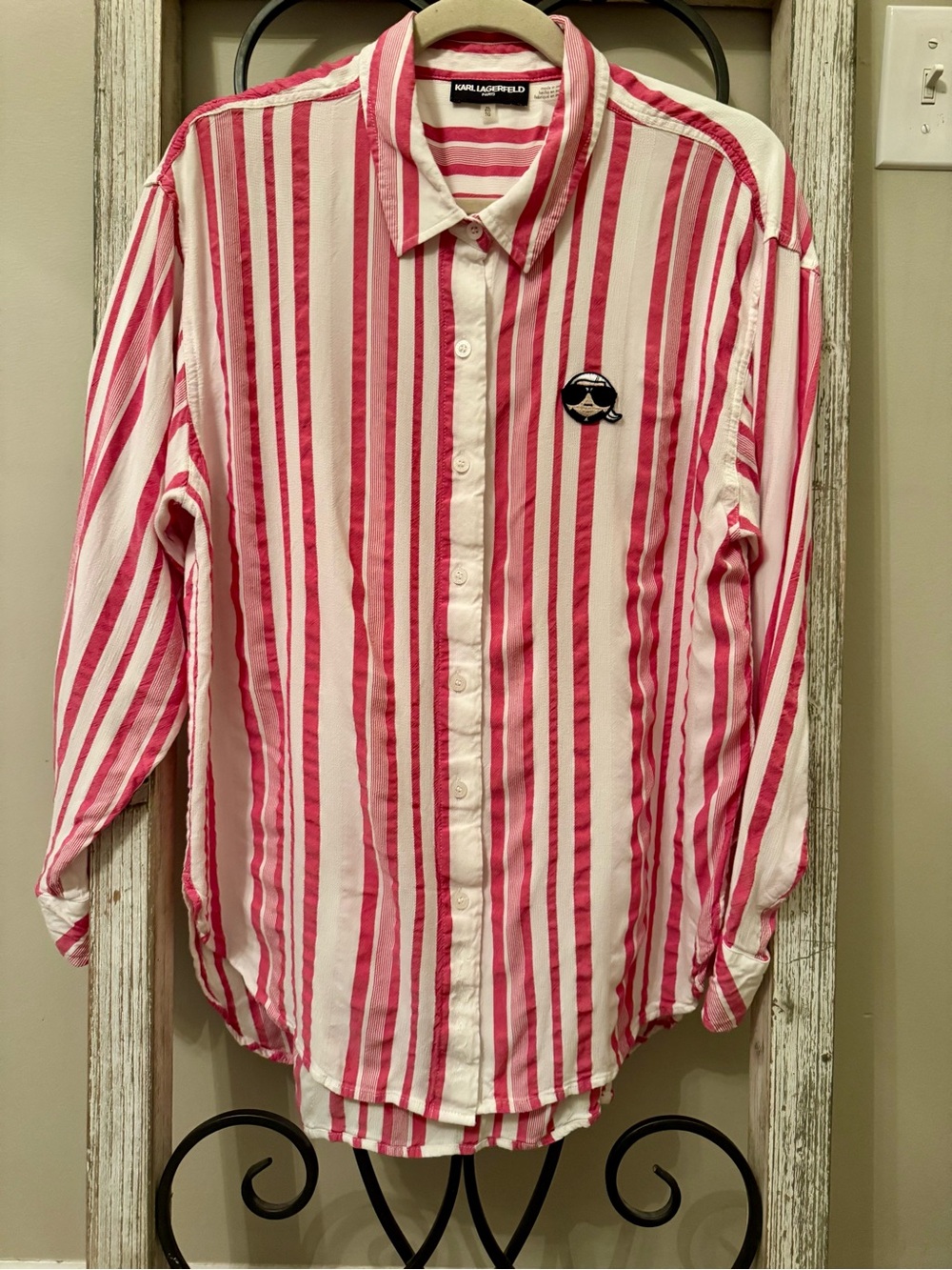 Karl Lagerfeld Paris XL Pink White Striped Rayon Karl Head Button‎ Blouse
